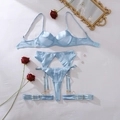 Ensemble de lingerie en satin bleu clair avec dentelle, boucles dorées et accessoires - L / Bleu clair