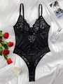 Flachbild von schwarzem Spitzen- und Satin-Body mit Blumenstickerei und Schleife - S / Schwarz