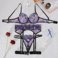 Flat lay of purple lace lingerie set with floral embroidery on white background - S / Purple