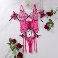 Dreiteiliges rosenrotes Dessous-Set mit Herzbestickung, Spitzenbesatz und Schnürkorsett-Detail - S / Schwarz Rosa