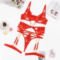 Flat lay of red lace lingerie set with gold chain detail, garter belt, and thong - S / Red