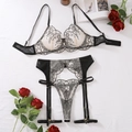 Set lingerie in pizzo ricamato con reggicalze e perizoma coordinato per donna - S / Nero Beige