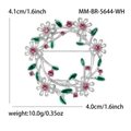 Broche de corona floral plateada con diamantes rosa y hojas de esmalte verdes - Blanco (MM-BR-5644-WH)