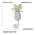 Elegant cat brooch with zircon pavé and golden bow showing dimensions of 4.2cm by 2.0cm - Silver (8550-SL)