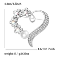 Elegant heart-shaped brooch with rhinestones and white pearl on silver metal base - Silver