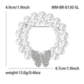 Elegante broche redondo de perlas con diseño de mariposa de strass para mujer - Plateado