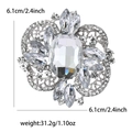 Luxury silver flower brooch with clear rhinestones and large oval center glass stone - Silver