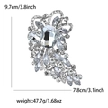 Silver crystal brooch with large oval glass center stone and rhinestone leaf texture - Silver Base White