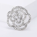 Elegant floral camellia brooch pin with pavé-set rhinestones in silver finish - Silver
