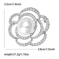 Detail view of rhinestone camellia brooch showing size dimensions and weight - Silver