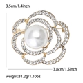Elegant gold hollow camellia brooch with rhinestones and pearl center, 3.8cm size - Gold