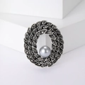 Vintage gunmetal silver brooch with layered leaves, grey diamonds and a large pearl center - Black-0397