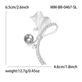 Spilla a foglia argento opaco con perla grigia e strass altezza 6,5 cm - Argento (0467-SL)