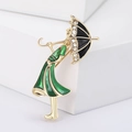 Fashionable cartoon umbrella girl brooch with green dress and sparkling crystals - Green (MM-BR-0697)