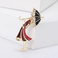Cartoon enamel girl with umbrella brooch pin with crystals and gold plated alloy - Red (MM-BR-0697)