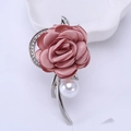 Pink satin rose brooch with silver metal stem, pearls and sparkling rhinestones - Pink