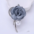 Elegant dusty blue silk rose brooch with silver crescent design and pearl accent - Blue