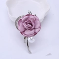 Elegant mauve fabric rose brooch with silver moon rhinestone and large white pearl - Purple