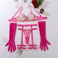 Dessous-Set mit rosa Spitzenstickerei, Netz-BH und Details aus Rosen-Samthandschuhen - S / Dunkelrosa