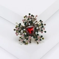 Detail of vintage flower brooch with red triangular stone and colorful rhinestones - Red (MM-BR-0950-RD)