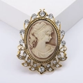 Vintage Victorian cameo brooch with sparkling rhinestones and bronze gold metal finish - 1092 / Gold