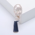 Artistic thinker face mask brooch with blue enamel and silver finish on white platform - White