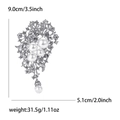 Vintage floral pearl rhinestone brooch with drop pendant and size measurement guide - Silver