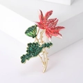 Eleganter Gold-Lotosblumen-Anstecker mit rosa Strasssteinen und grünen Kristalldetails - Rot (0874)