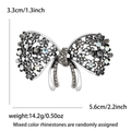 Classic silver alloy bow brooch with dark rhinestones for women, 5.6cm x 3.3cm size - Black