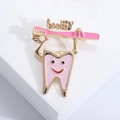 Cute pink tooth enamel pin with healthy letter and toothbrush on white base - Pink