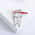 Cartoon white tooth brooch with red toothbrush and healthy text in enamel finish - Silver-Red