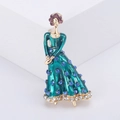 Eleganter Porträt-Anstecker mit grünem Emaille-Kleid, blauen Strasssteinen und Vergoldung - 1284-Blau