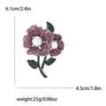 Detailed size chart showing dimensions 6.1x4.5cm for flower brooch with pearls and crystals - Purple