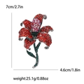 Sparkling rose flower brooch with red and green rhinestones and size measurements - Red