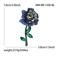 Elegant blue crystal rose flower brooch with vintage gold finish and emerald leaf detail - Blue (1509-BL)