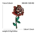 Vintage rose flower brooch with red rhinestones and green leaves on an antique gold base - Red (1509-RD)