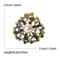 Vintage bronze round brooch with large faux pearl and colorful crystals, 3.3cm width - Coffee