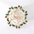 Christmas reindeer wreath brooch in gold alloy with green enamel leaves and red beads - Multicolor (1648)