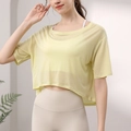 Gelbes Damen Mesh Sport Crop Top, atmungsaktives T-Shirt für Fitness, Yoga und Laufsport - S / Gelb