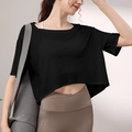 Atmungsaktives, lockeres Tencel-Crop-Top Damen T-Shirt für Yoga und Gym Fitness Training - S / Schwarz