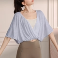 Women's jacquard batwing sleeve sports top with layered wrap design for yoga - S / Tops / Blue