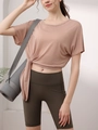 Loose pink yoga top with side tie and olive green high waist fitness shorts - 4 (S) / Cinnamon Pink