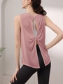 Pink open back workout tank top for women with cross split design for yoga and fitness - S / Tops / Dusty Pink