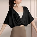 Women's black jacquard batwing sleeve sports top with wrap-around cropped hem design - S / Tops / Black