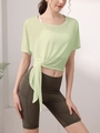 Light green tie-waist yoga shirt paired with dark olive high-waist fitness shorts - 4 (S) / Apple Green
