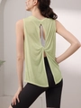 Light green backless cross-knot yoga tank top with textured semi-sheer Tencel fabric - S / Tops / Light Yellow