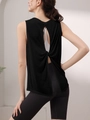 Women's loose black Tencel yoga tank top with stylish back twist and cutout detail - S / Tops / Black