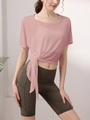 Haut de yoga rose lotus ample avec nœud latéral et legging de fitness vert olive - S / Hauts / Rose Poudré