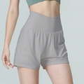 Women's gray high waisted 2-in-1 sports shorts with cross waistband for yoga and running - S / Moon Rock Grey