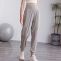 High-waisted taupe nylon sports joggers with cuffed ankles and slimming loose fit design - S / Moon Rock Grey
